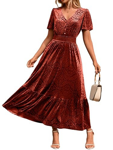 Simplee Womens Fall Velvet Dress - Short Sleeve V Neck Floral Maxi Dress Long Formal Winter Wedding Guest Dresses Reddish Orange L | Amazon (US)