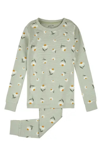 Petit Lem Kids' Floral Print Glow in the Dark Fitted Two-Piece Organic Cotton Rib Pajamas in Light Green at Nordstrom Rack, Size 3T | Nordstrom Rack