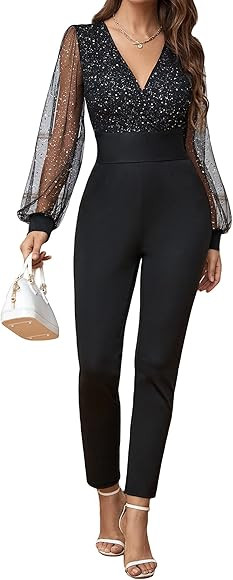 WDIRARA Women's Mesh Lantern Long Sleeve V Neck Tie Back Stretchy Party Club Jumpsuit | Amazon (US)