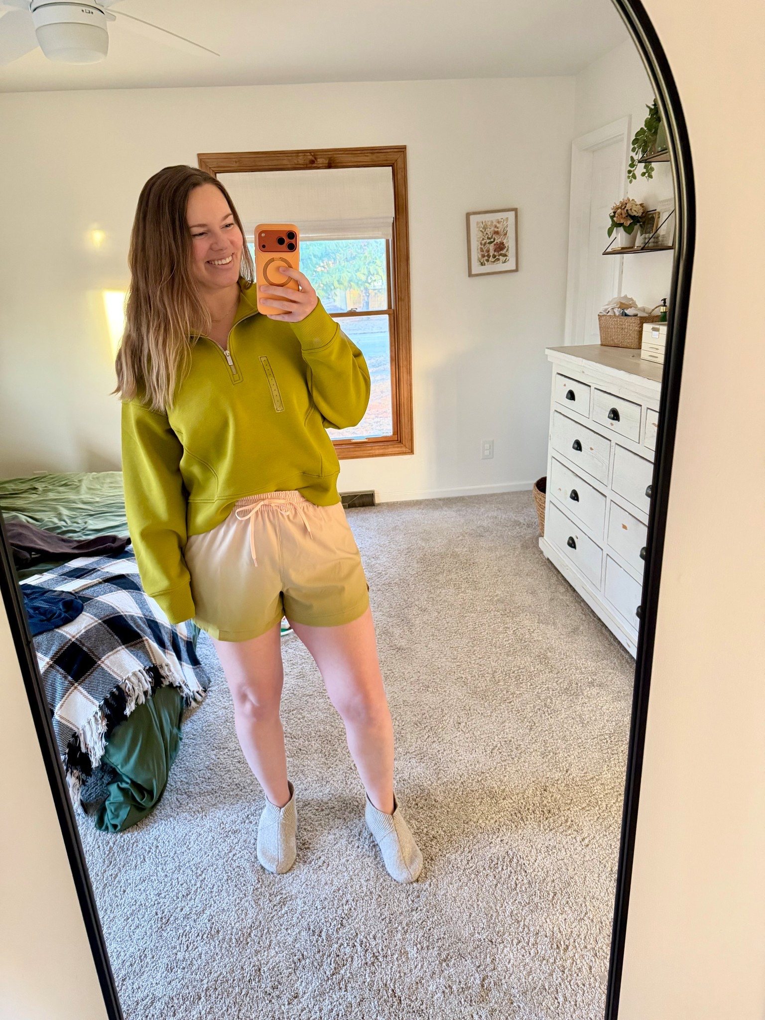 A match for Autumn’s Lime green with this quarterzip! 💚🍁 The shorts are a perfect blend of mid peach & lime green too - super fun for summer! Wearing a L top & M bottom 🫶🏻 Also cannot get over my new slippers I wear them all day everyday 😍

#LTKmomlife #LTKSeasonal #LTKootd