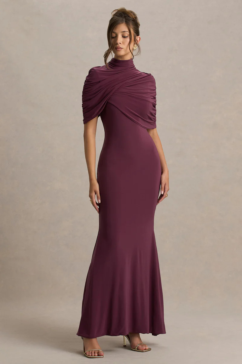Cleora | Burgundy Twist Cape Maxi Dress | Club L London