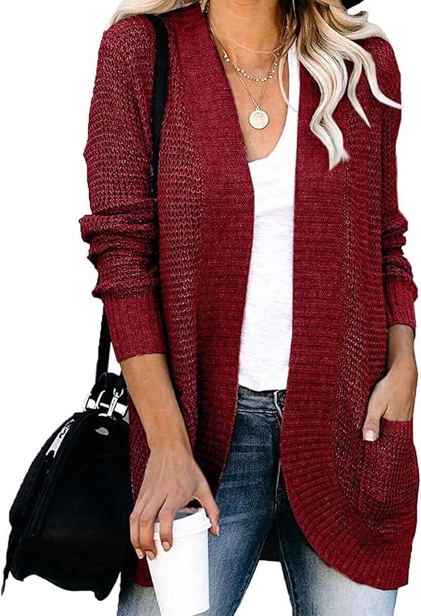 YIBOCK Womens Long Sleeve Open Front Waffle Chunky Knit Cardigan Sweater Outwear with Pockets | Amazon (US)