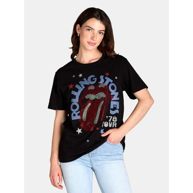 Time and Tru Women’s Rolling Stones Rhinestone Stud Graphic Band Tee, Sizes XS-XXXL | Walmart (US)