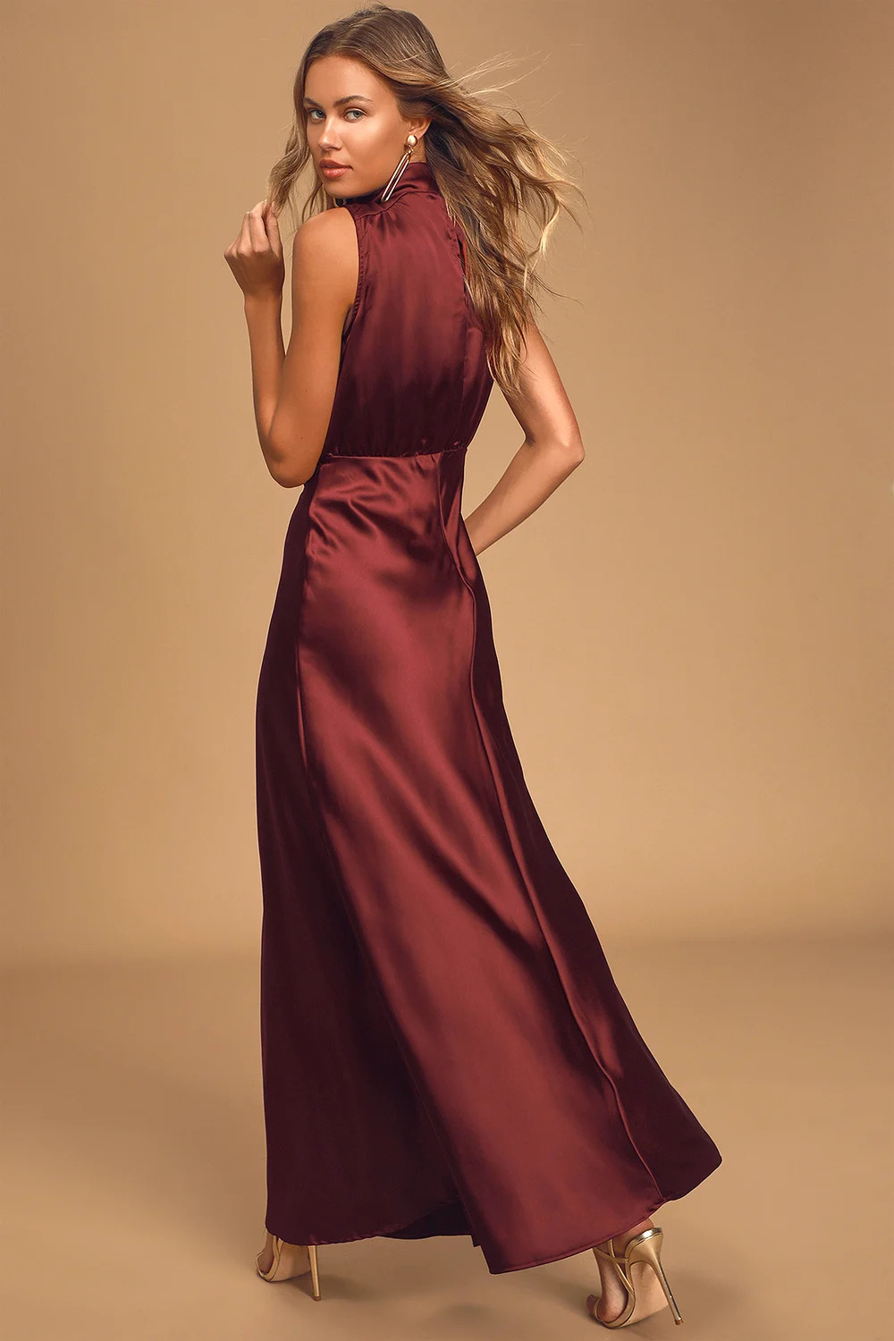 Classic Elegance Wine Satin Sleeveless Mock Neck Maxi Dress | Lulus (US)