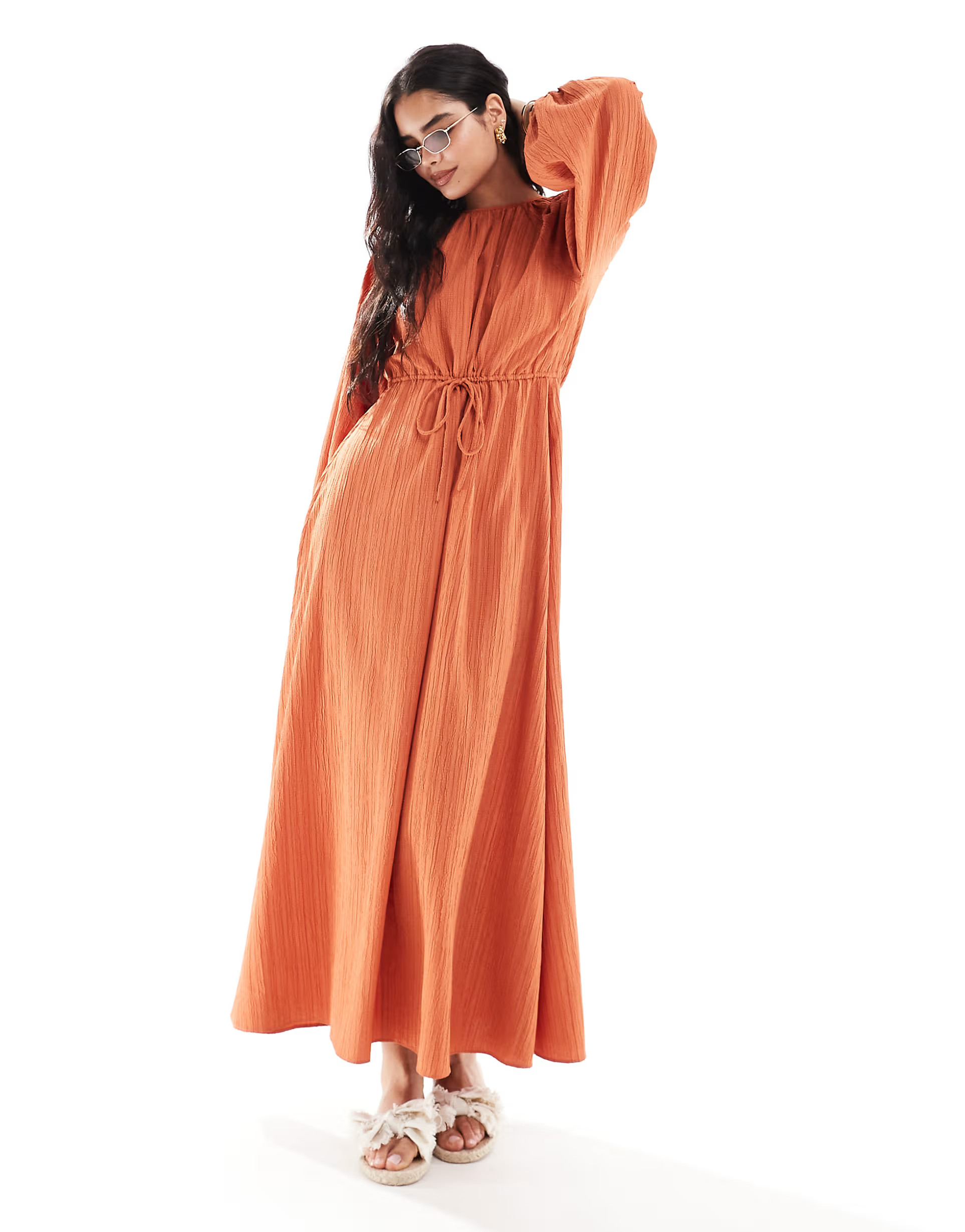 ASOS DESIGN raglan sleeve belt detail crinkle maxi dress in rust | ASOS (Global)