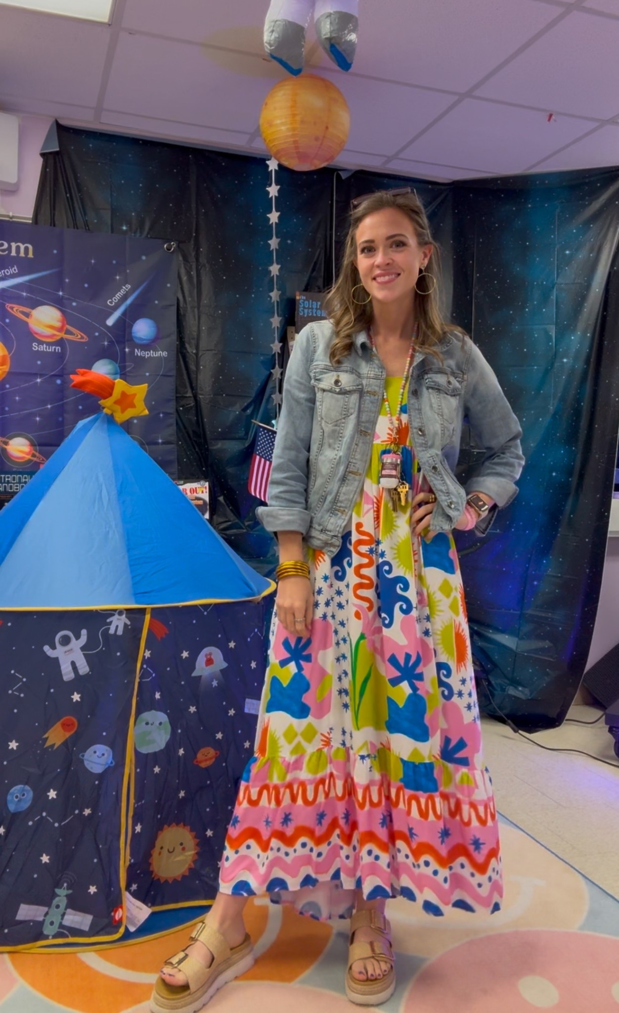 I loved this fun dress today! We are in the middle of our final science unit so space decor is all over the room 🌍 🪐 

#LTKSeasonal #LTKFindsUnder50