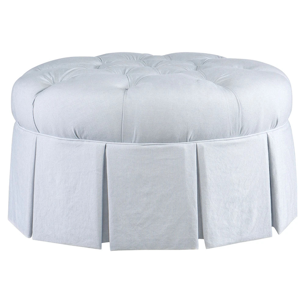 Regina Updated Traditional Light Blue Skirted Round Ottoman | Kathy Kuo Home