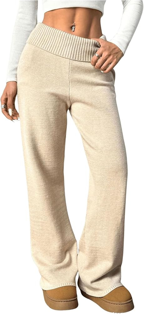 Verdusa Women's Fold Over Elastic Low Waist Lounge Pants Straight Leg Casual Sweater Pants | Amazon (US)