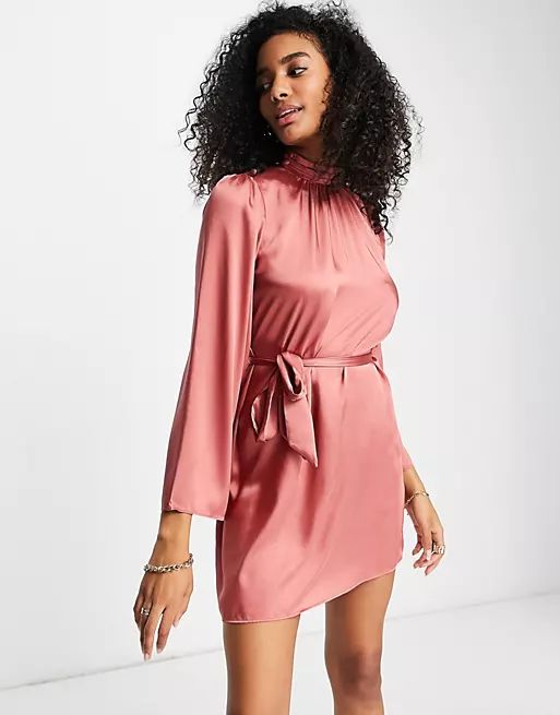 River Island fluted sleeve satin mini dress in pink | ASOS (Global)