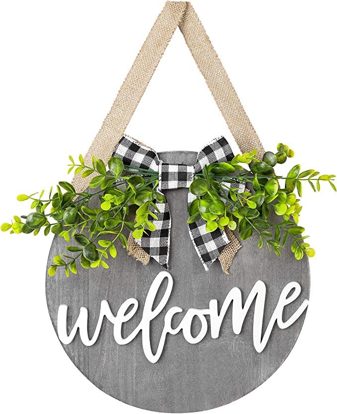 Dahey Welcome Sign for Front Door Decor 12 Inch Farmhouse Round Wood Wreath Wall Hanging Outdoor ... | Amazon (US)