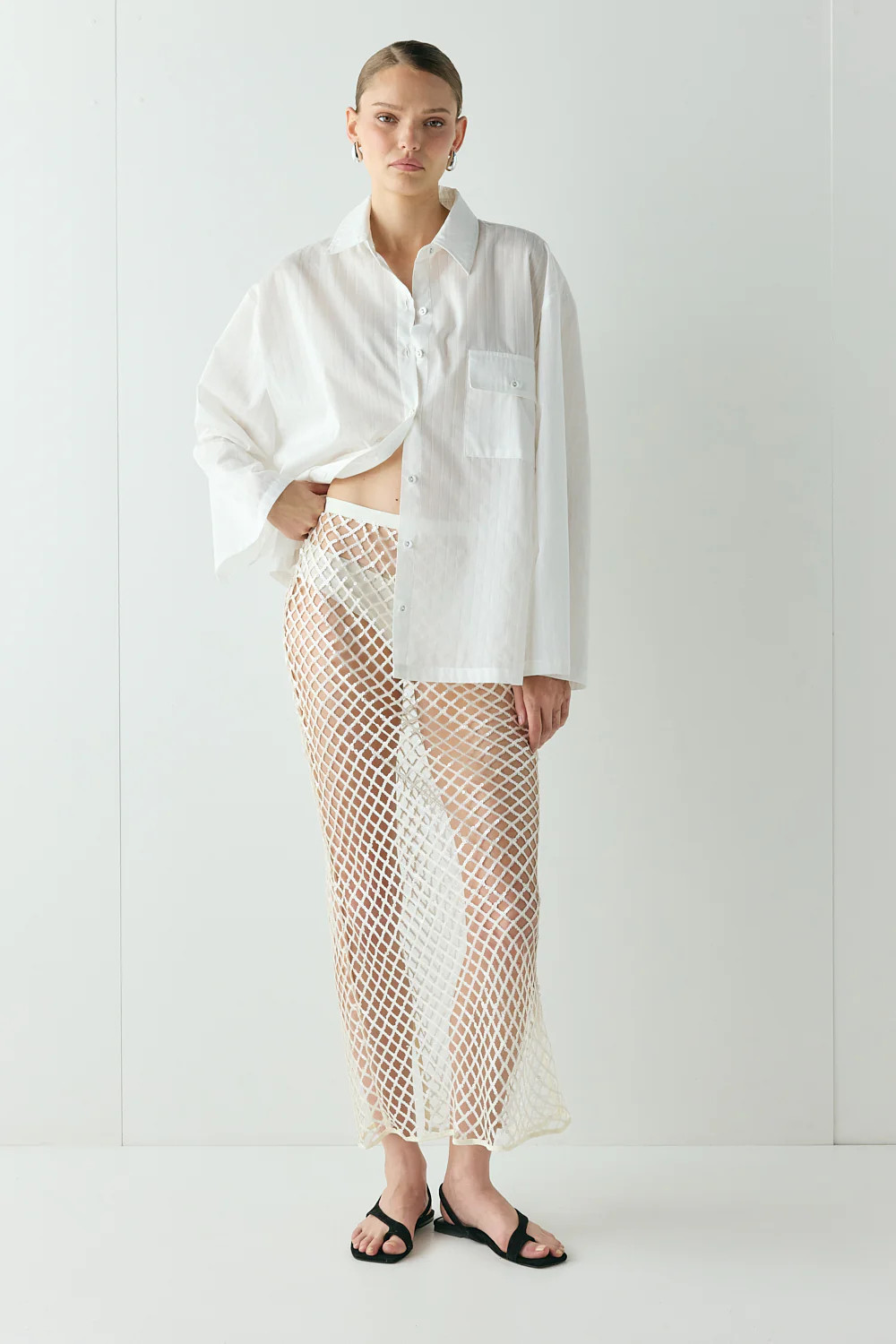 Devyn Sequin Net Midi Skirt Cream | VRG Grl