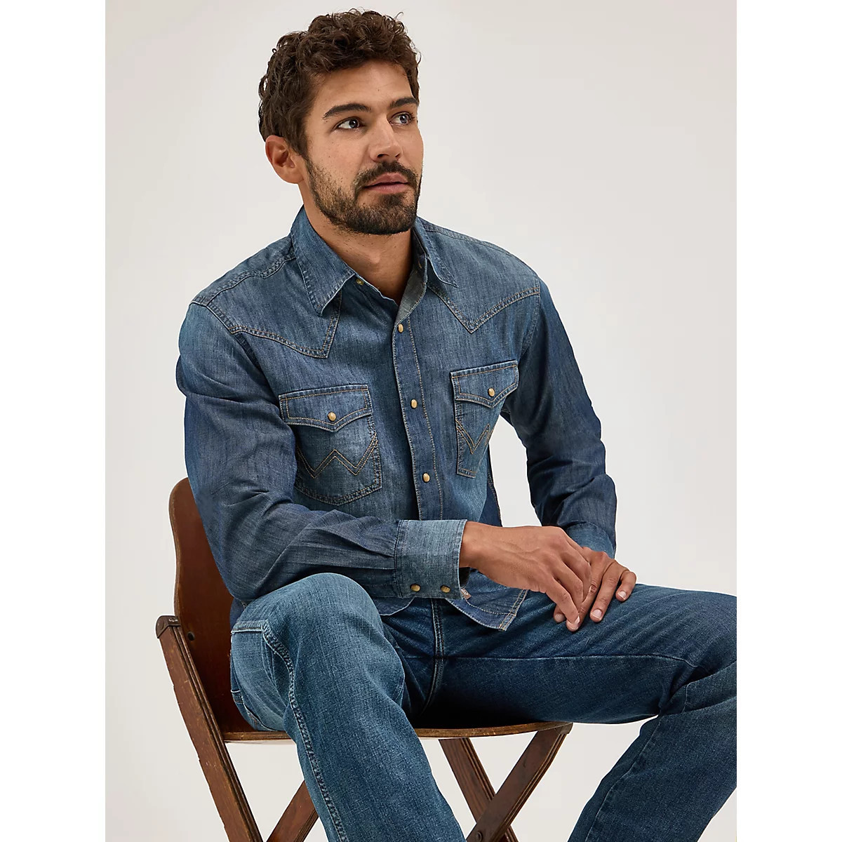 Men's Wrangler Retro® Premium Long Sleeve Denim Western Snap Shirt in Blue Denim | Wrangler
