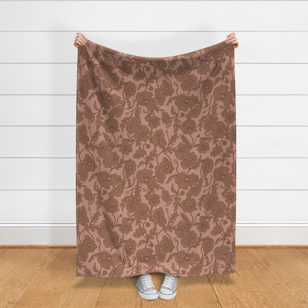Fabric in LARGE VINTAGE POPPIES TRAILING FLORAL-WARM RUSTIC DUSTY PINK POPPY-CREAM | Spoonflower