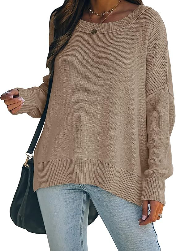 Wenrine Women Oversized Sweaters Boat Neck Long Sleeve Side Slit Casual Knit Pullover Sweater Top... | Amazon (US)