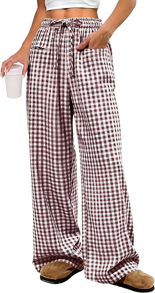 ANRABESS Womens Striped Gingham Pants 2026 Pajama Drawstring Wide Leg Lounge Plaid Pants Cute Cas... | Amazon (US)
