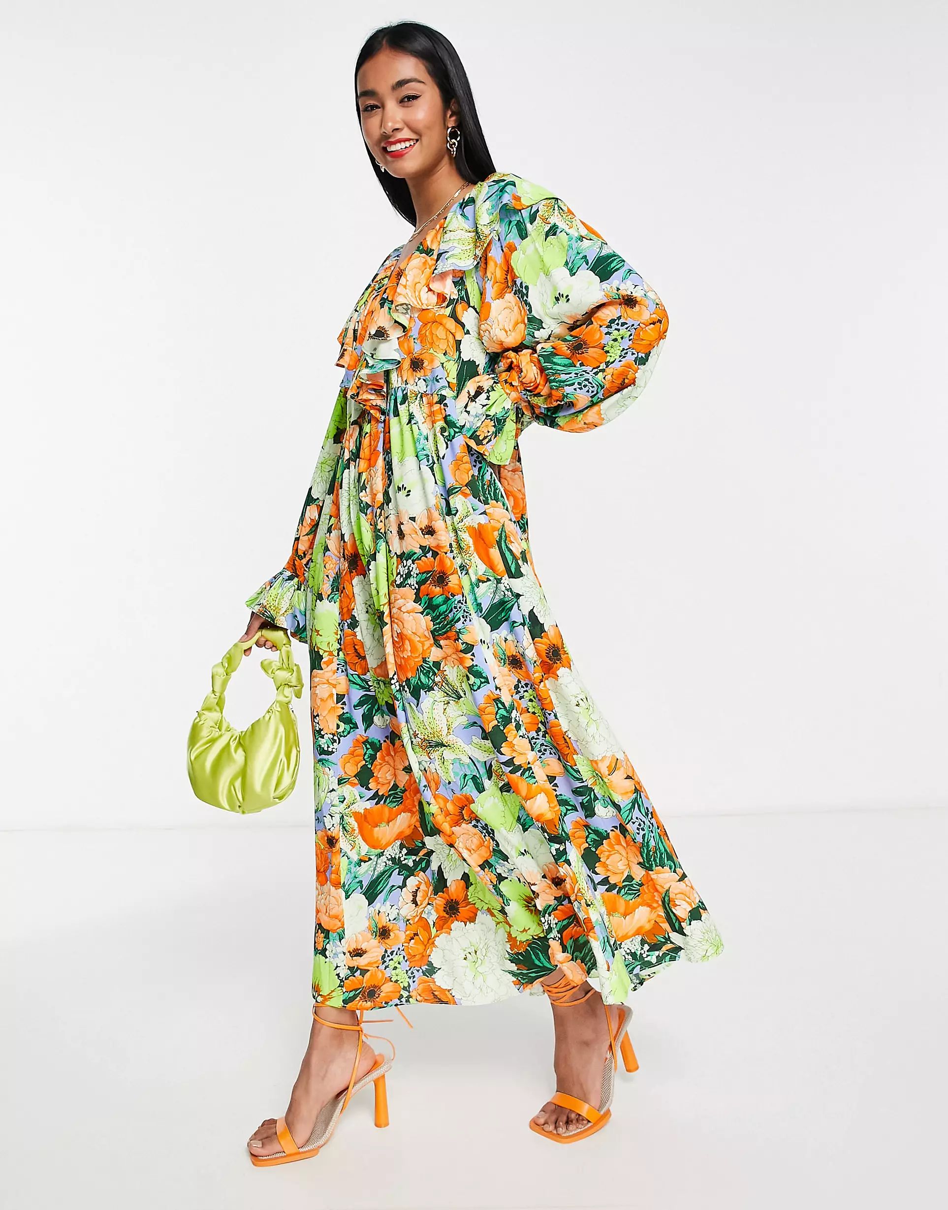 ASOS EDITION oversized v neck maxi dress with ruffle in neon floral print | ASOS (Global)