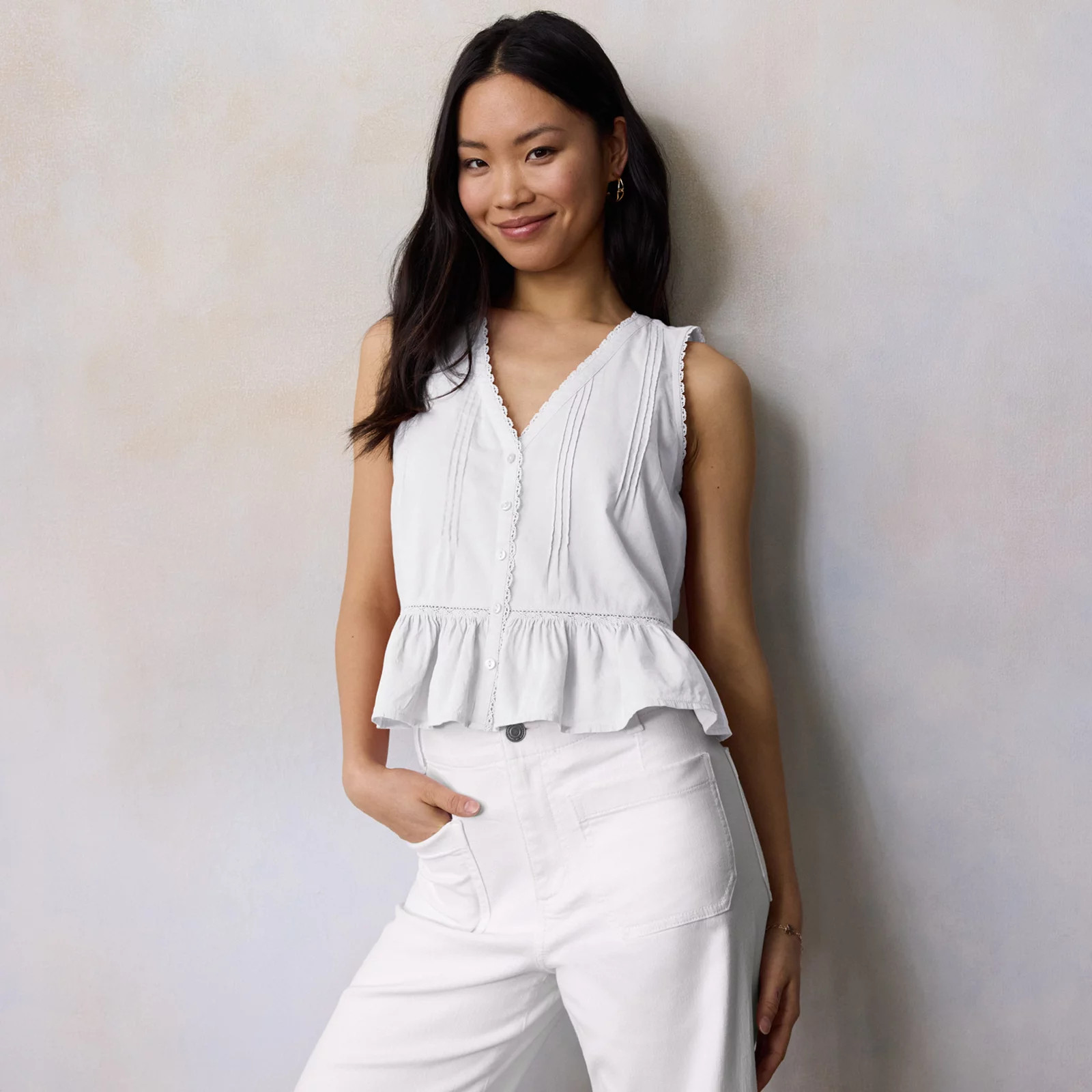 Women's LC Lauren Conrad Pintuck Lace Trim V-Neck Tank Top | Kohl's