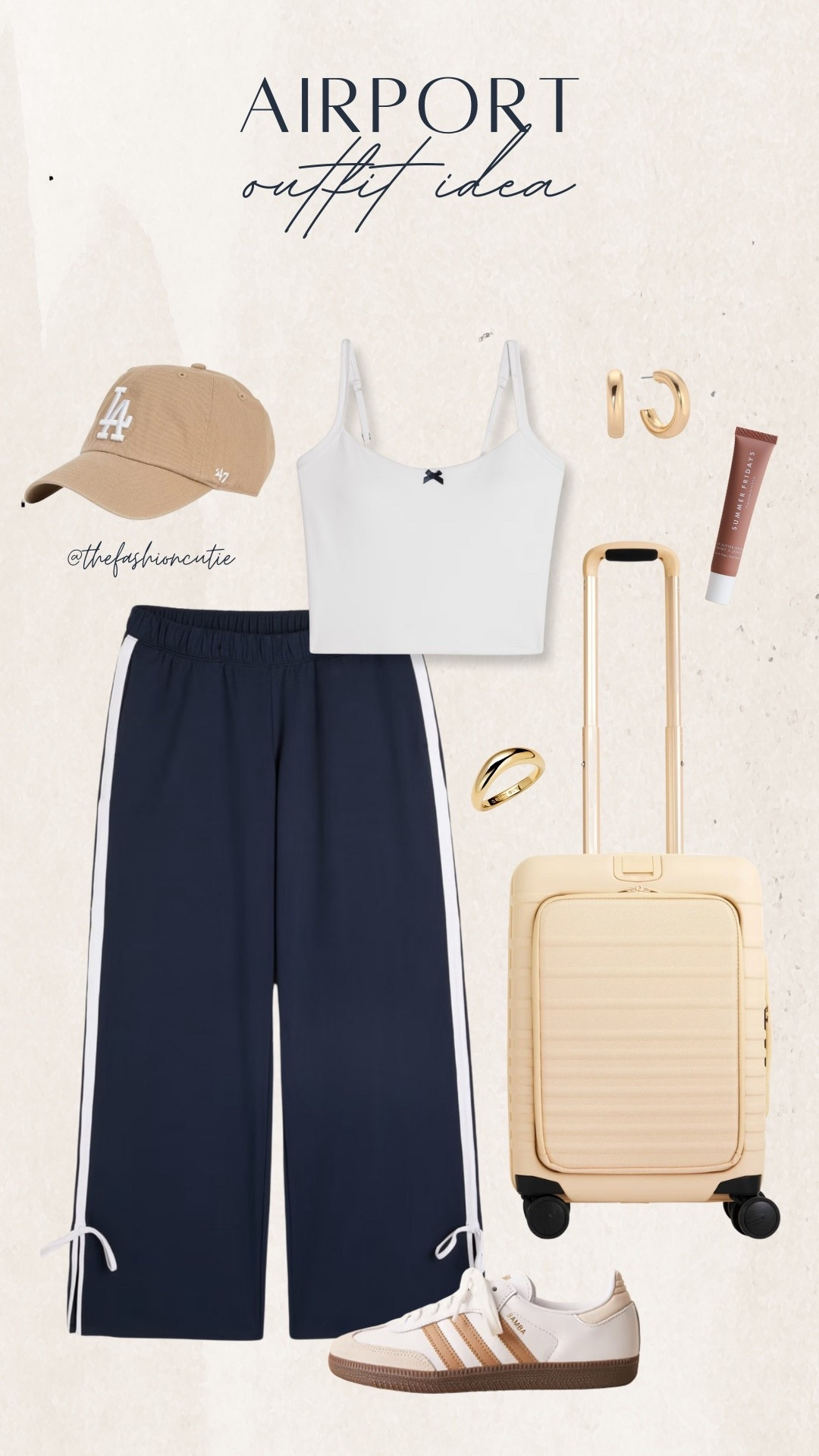 This comfy airport outfit pairs track pants, a cropped tank, and neutral sneakers. Add gold hoops and a baseball cap for that cute but chill travel day look.

#LTKTravel #LTKFindsUnder100 #LTKStyleTip