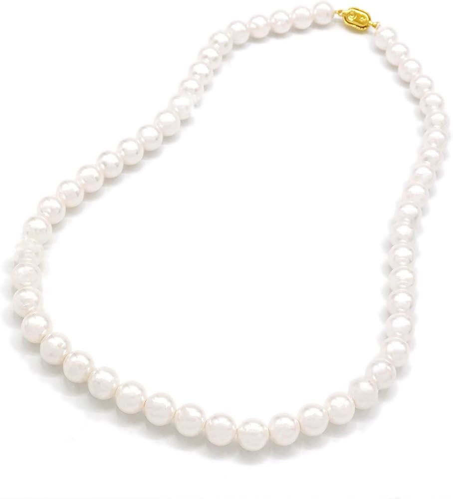 Pearl Necklace For Women White With Gold Pea Clasp AAA+ Quality Round Freshwater Cultivate Real P... | Amazon (US)