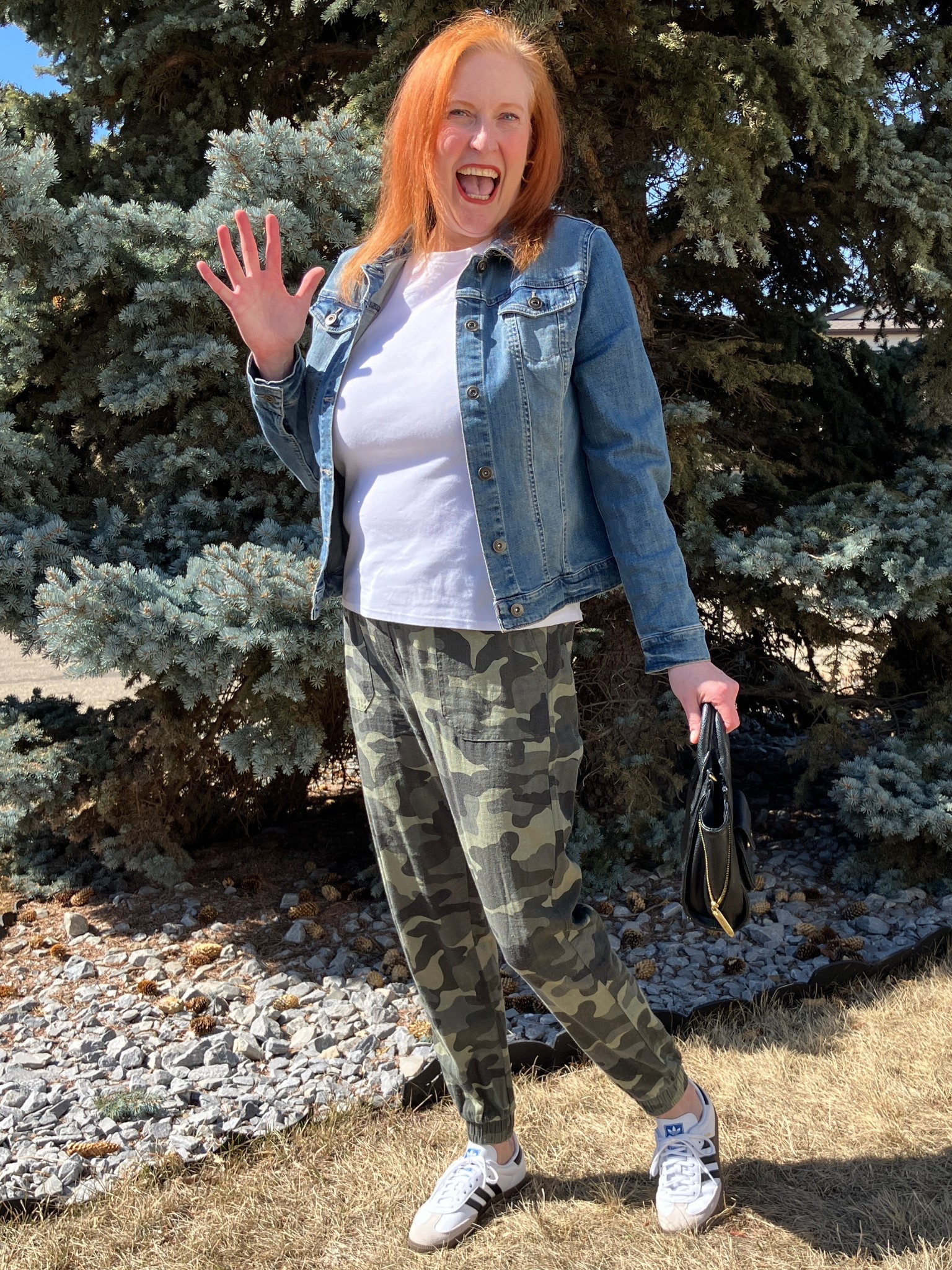 Should I wear this or should I not? Couldn’t wait to bust out my lightweight camo joggers. I got tired of the usual poses when I wear an outfit so I’m waving at you! 👋 Hope you’re waving back! A plain white t, jean jacket, sneakers, and my black bag and I’m ready to take on the world - or go groceries shopping which is kinda the same thing. So grab your camo and let’s go! Canadians click on the first links to shop, and Americans click on the second links to shop. If there’s only one link then you can shop it in your own country. And remember, trendy doesn’t have to be expensive! Bye!

#LTKootd #LTKOver40 #LTKmomlife