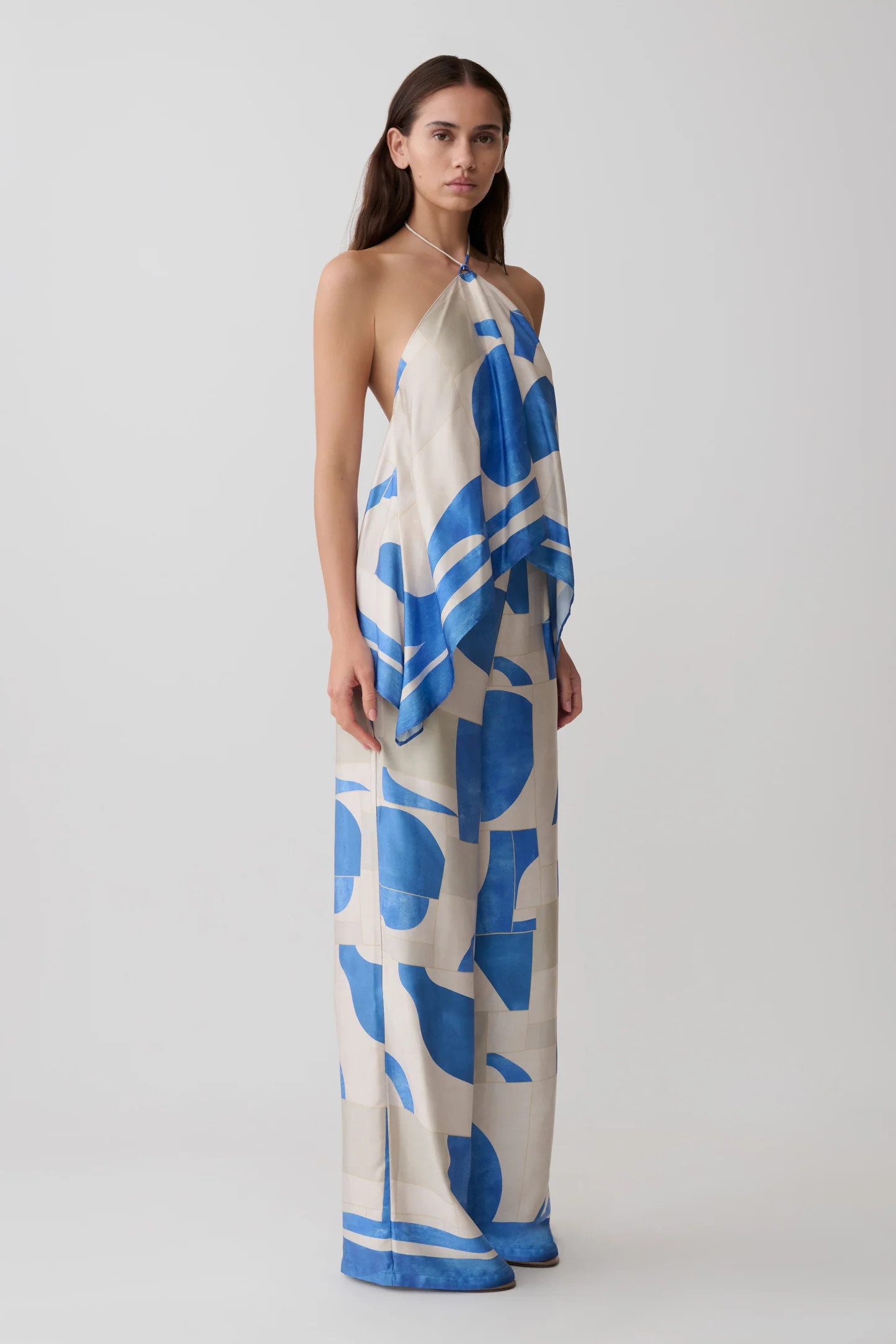 Adelaide Draped Satin Halter Top - Blue Geo Tile Print | MESHKI US