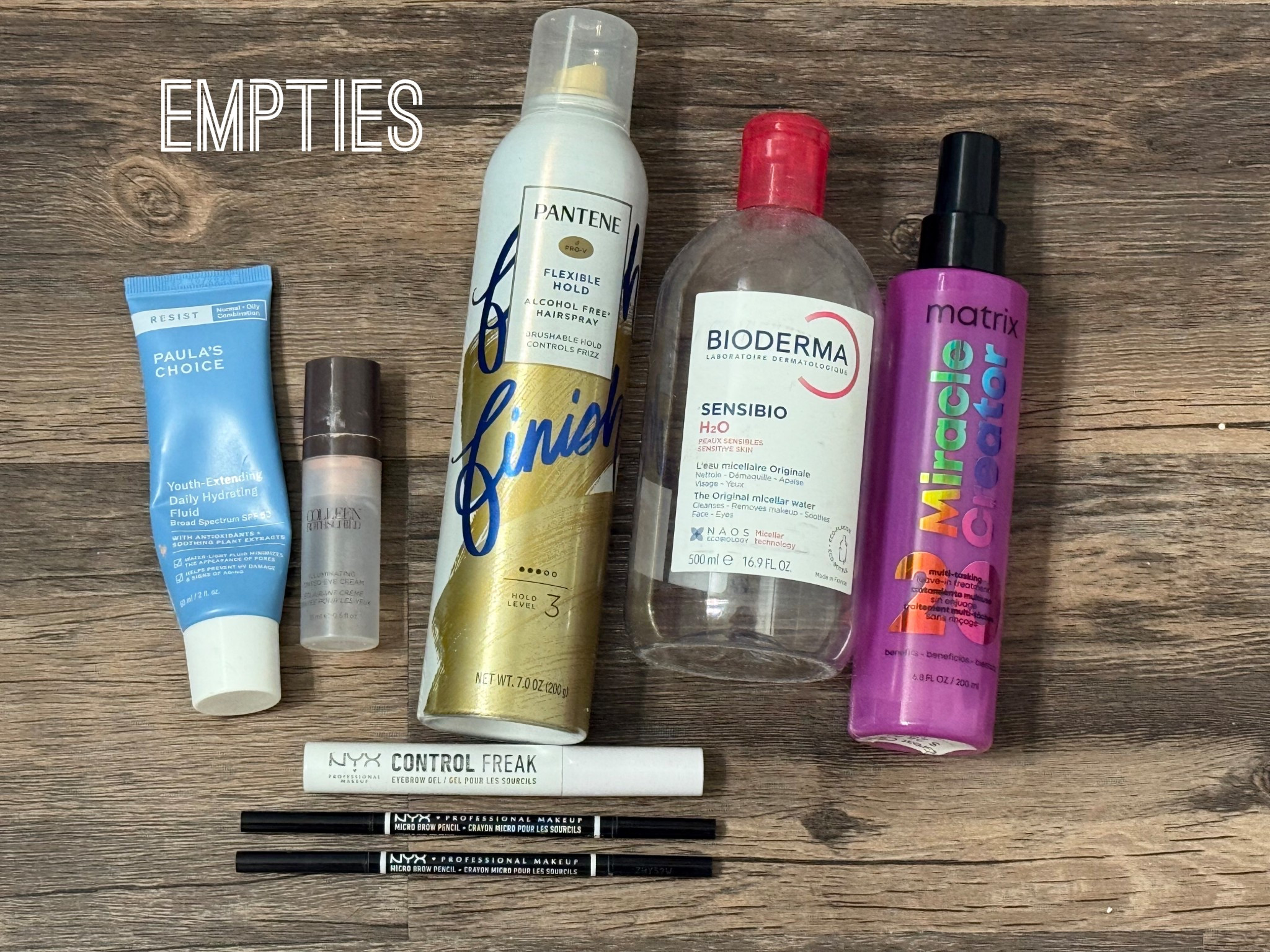 Brow- ashbrown & cool ashbrown 

Empties, recent empties, Pantene, Matrix, hair detangler, Paula’s choice, Colleen Rothschild illuminating eye cream, Bioderma, micellar water, NYX, NYX brow, Ulta finds

#LTKdayinmylife #LTKBeauty #LTKgrwm