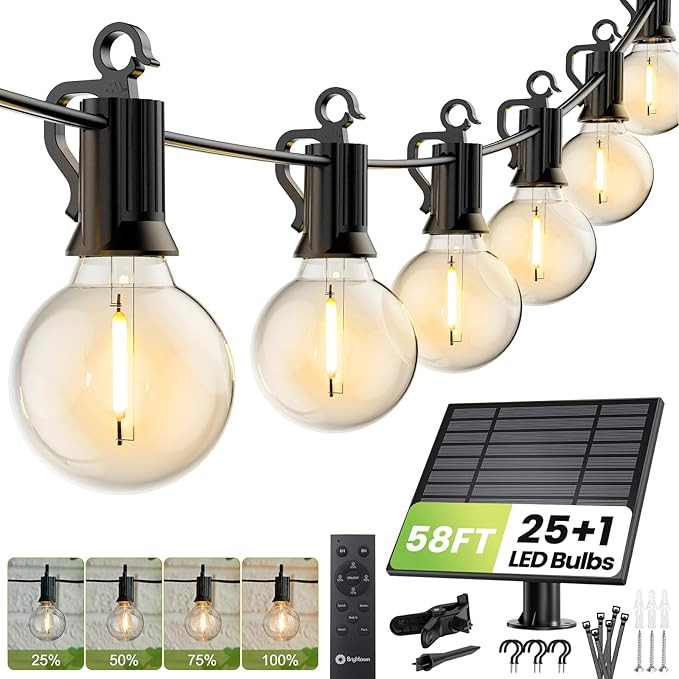 Brightown 58FT Solar String Lights Outdoor with Remote Cable Ties Hooks, 26 LED Shatterproof Bulb... | Amazon (US)