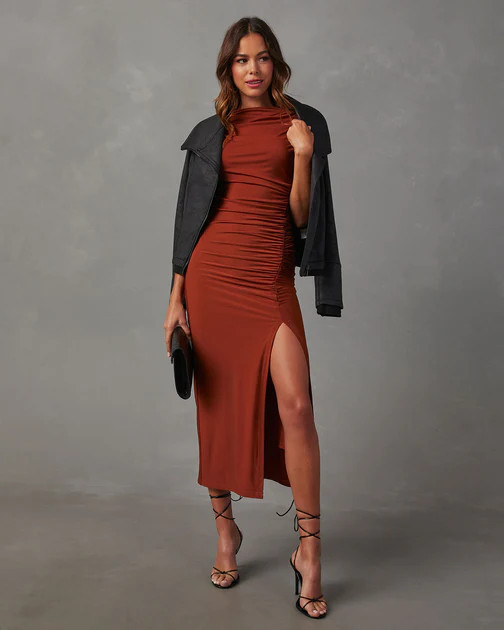 Elisabeth Mock Neck Side Slit Ruched Midi Dress - Rust | VICI