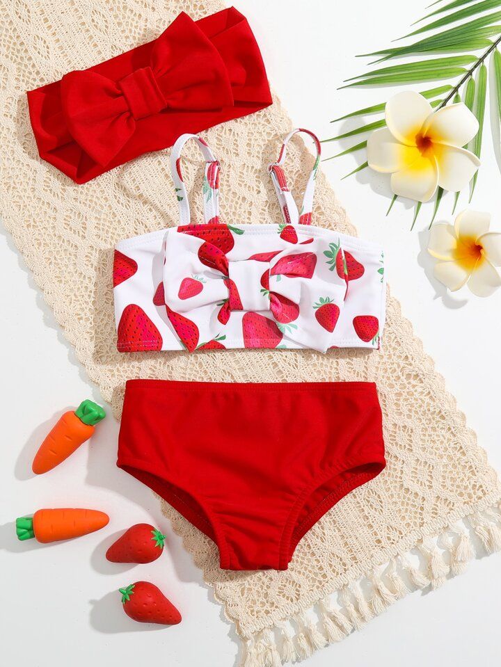 Baby Girl Strawberry Print Bow Bikini Swimsuit & Headband | SHEIN