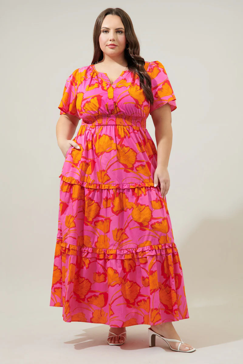 Passion Punch Palmer Poplin Tiered Maxi Dress Curve | Sugarlips