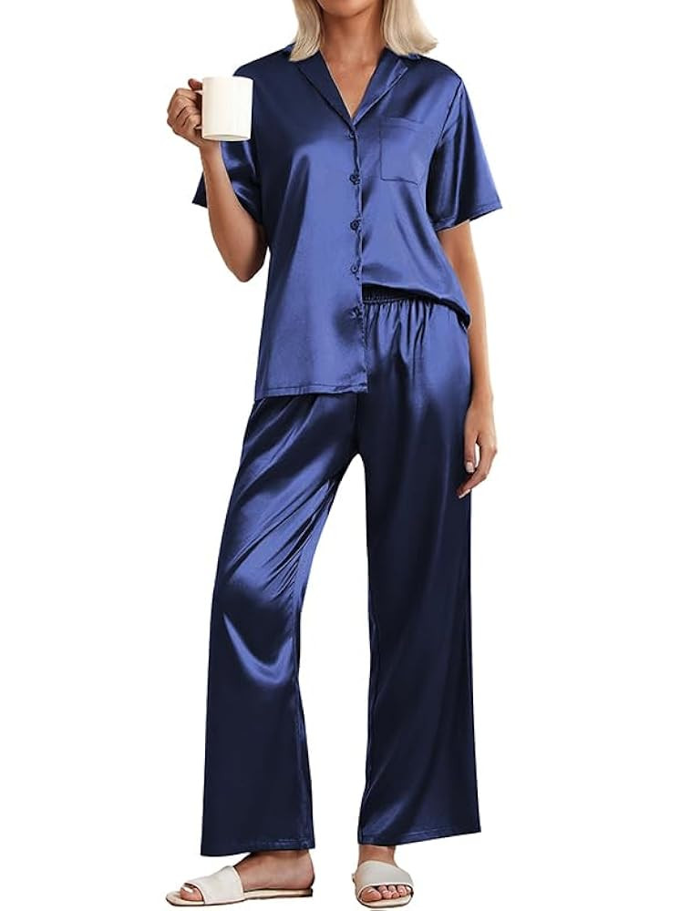 Ekouaer Womens Silk Pajama Sets Short Sleeve Button Down Shirt with Long Pants Soft Sleepwear Sat... | Amazon (US)