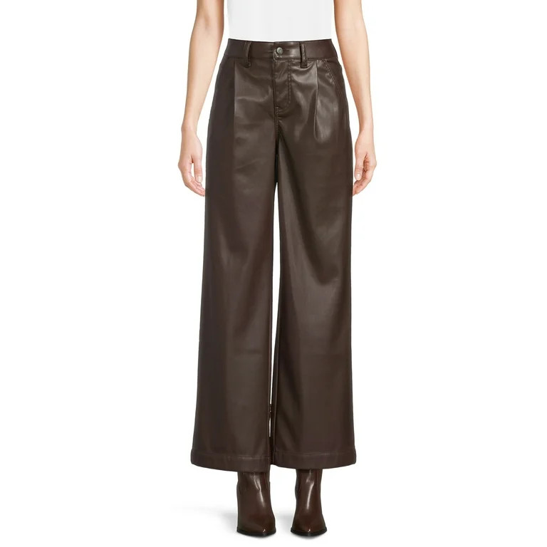 Time and Tru Women's Faux Leather Wide Leg Trousers, 31" Inseam for Regular, Sizes 2-20 | Walmart (US)