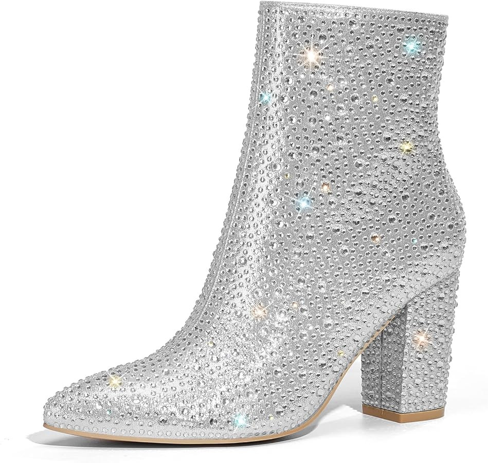 Rollda SUEDI Rhinestone Boots for Women, Sparkly Ankle Booties with Pointed Toe, Ladies Block Chu... | Amazon (US)