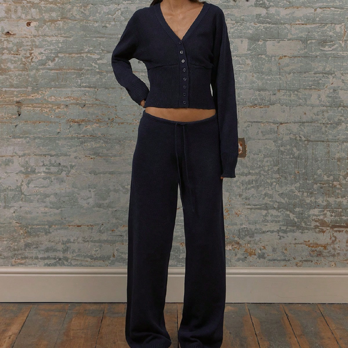 MUSERA Low Rise Drawstring Waist Rib Knit Wide Leg Casual Trousers | SHEIN