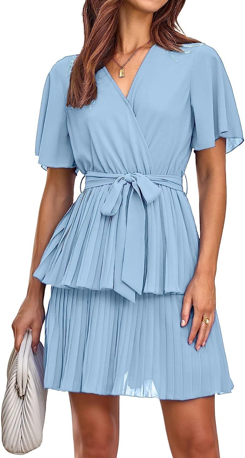 MASCOMODA Womens Casual Wrap V Neck Pleated Mini Dress Short Sleeve Solid Tie Waist Party Short S... | Amazon (US)