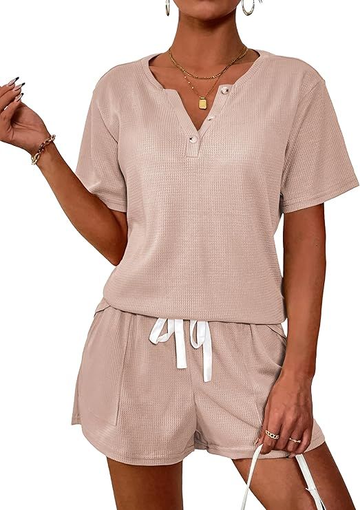 Ekouaer Women's Waffle Knit Pajamas Set Short Sleeve Top with Shorts Matching Lounge Sets Loungew... | Amazon (US)