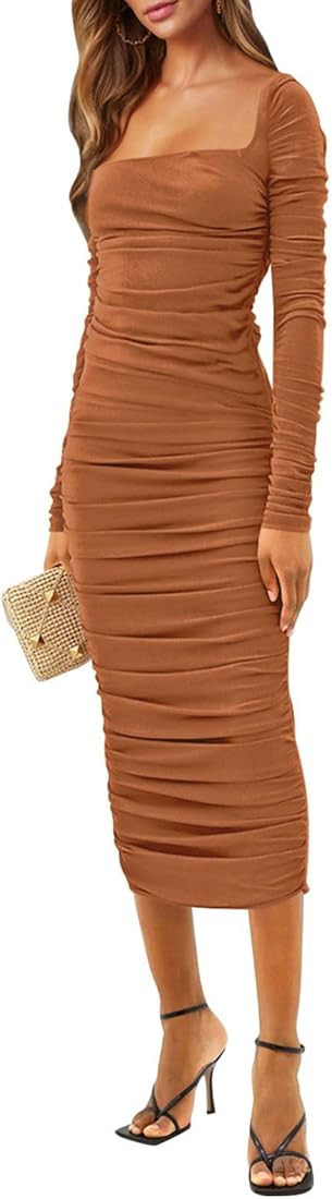 Duigluw Women Ruched Bodycon Midi Dress 2023 Fashion Long Sleeve Square Neck Stretch Cocktail Par... | Amazon (US)