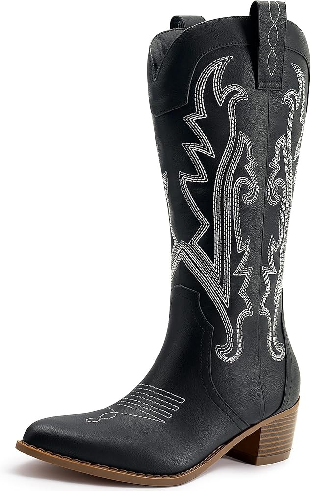 Athlefit Women's Embroidered Western Cowboy Boots Fashion Pointed Toe Chunky Heel Mid Calf Cowgir... | Amazon (US)