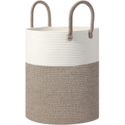 Large Woven Laundry Basket Hamper 60L Cotton Rope Storage Basket Decorative Tall Nursery Hamper for Clothes and Toys White and Brown | Wayfair North America