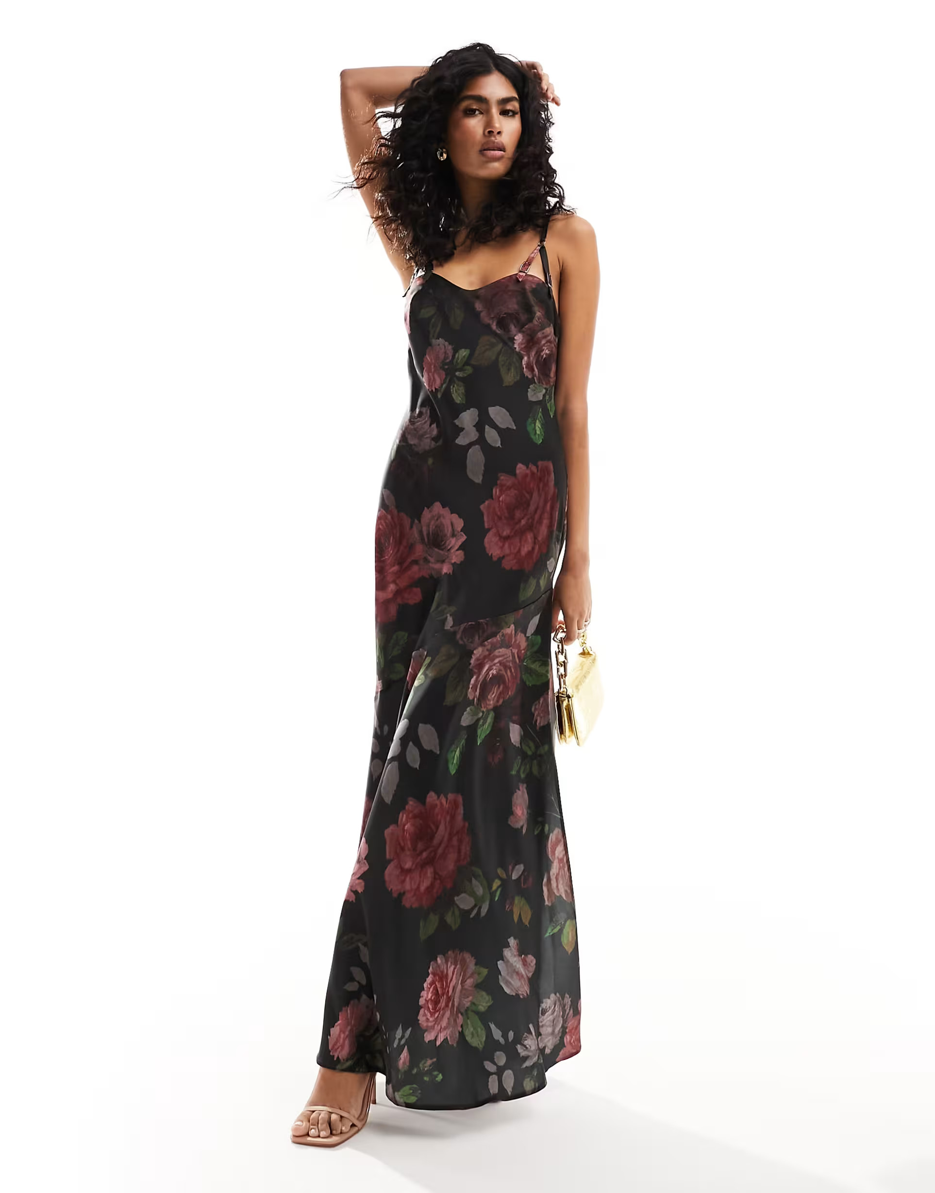 ASOS DESIGN satin buckle strap maxi dress with fuller skirt in black rose print | ASOS (Global)