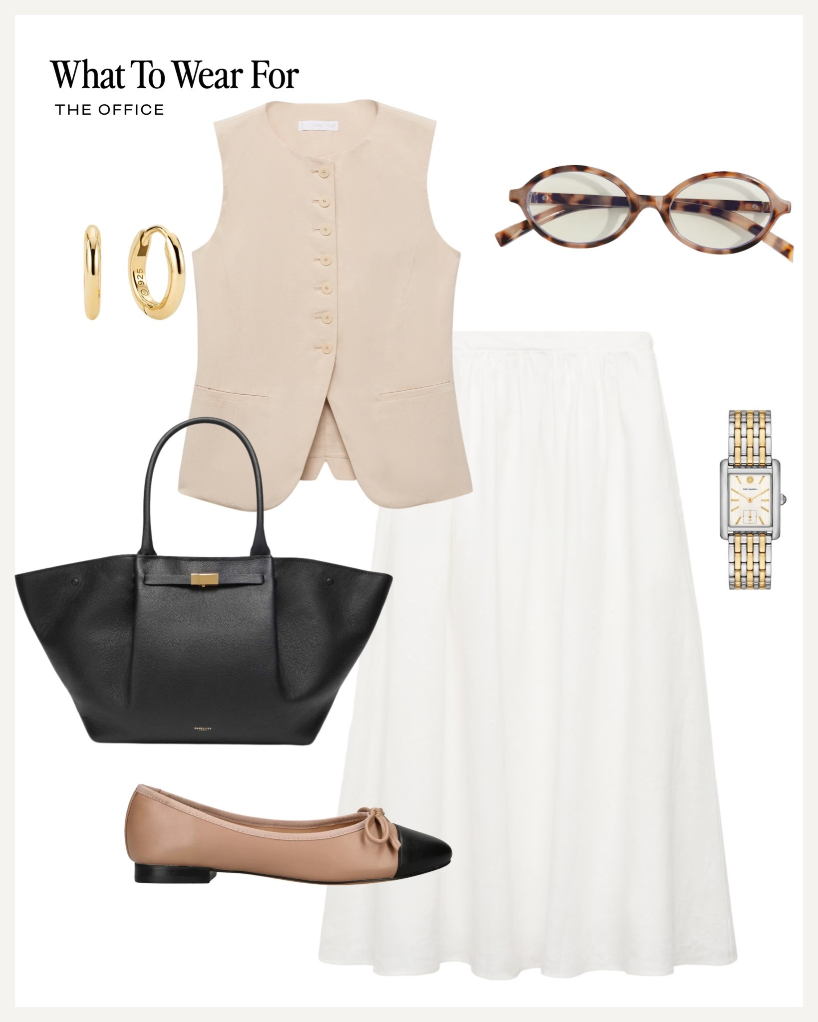 Office outfit inspo 

Midi skirt / waistcoat / ballet flats / demellier tote bag / neutral style / summer workwear 

#LTKuk #LTKsummer #LTKworkwear