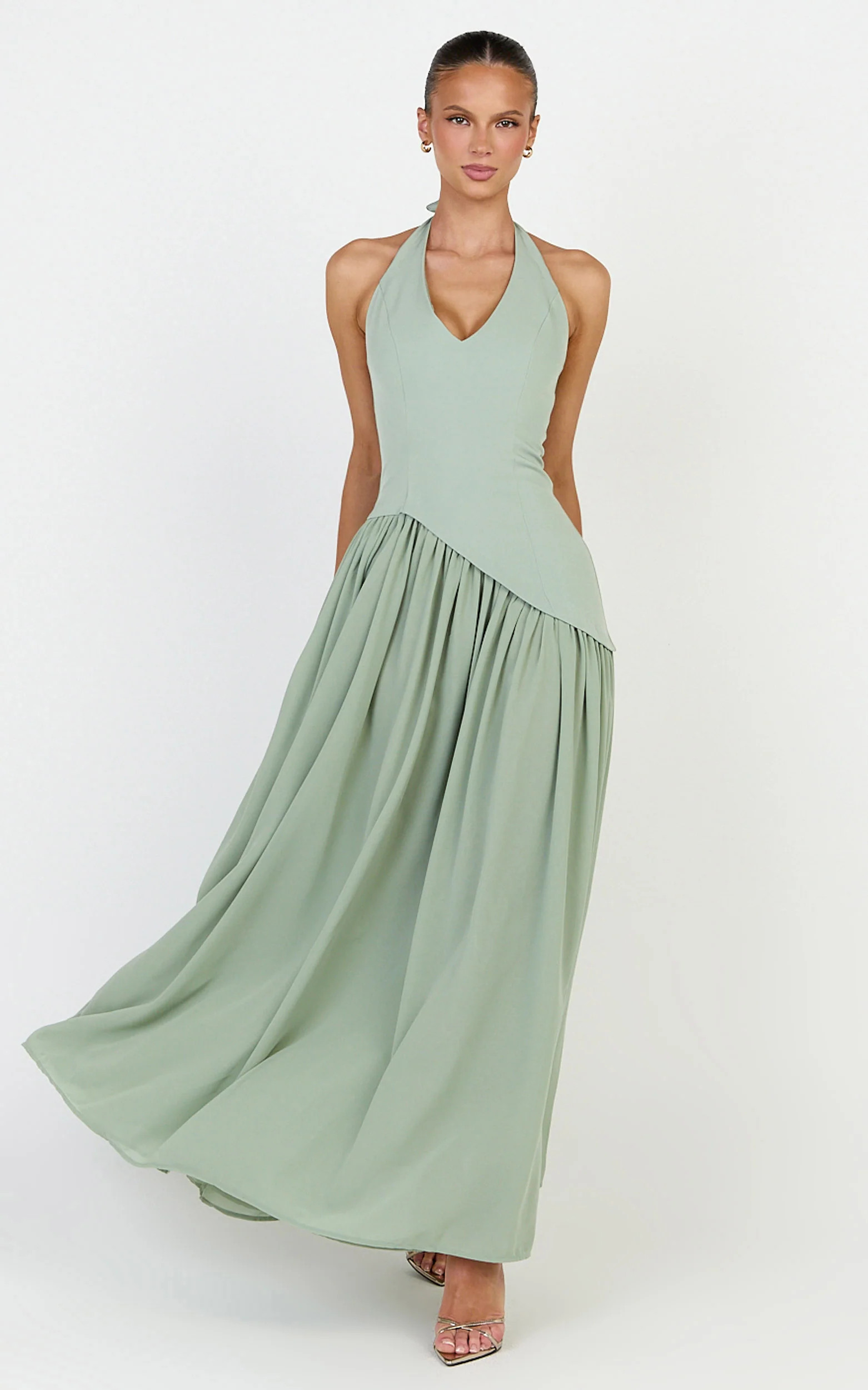 Calla Maxi Dress - Halter Neck Asymmetric Dropped Waist Dress in Sage | Showpo (US, UK & Europe)