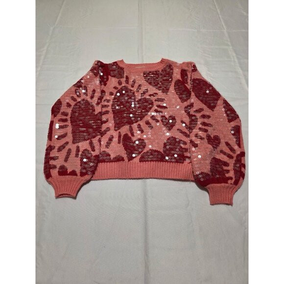 Farm Rio Sequin Heart Pink Red Puff Sleeve Wool Blend Sweater Women’s Size XS | Poshmark