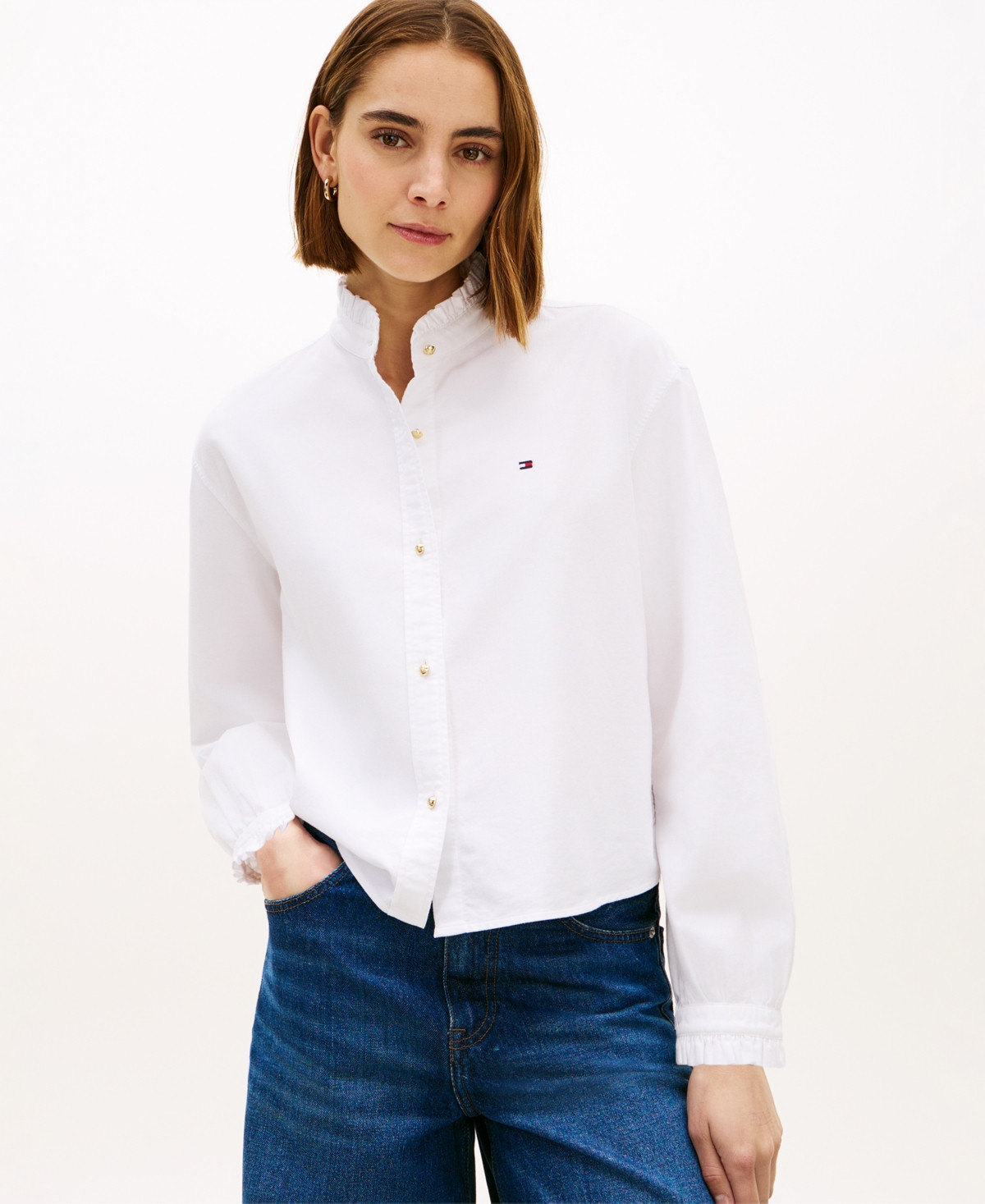 Tommy Hilfiger Women's Cropped Ruffled Oxford Collared Shirt - Optic White | Macy's