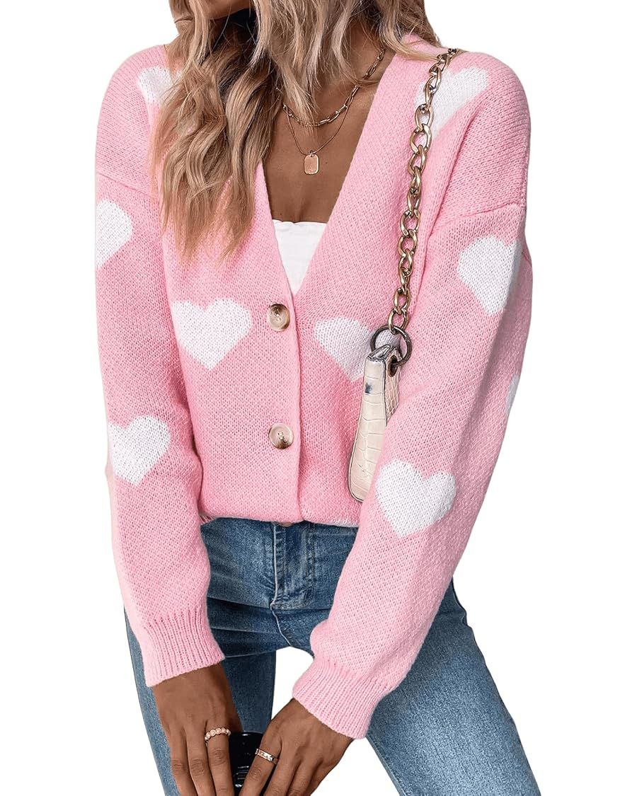 Verdusa Women's Long Sleeve Print Button Front V Neck Knit Sweater Cardigan | Amazon (US)
