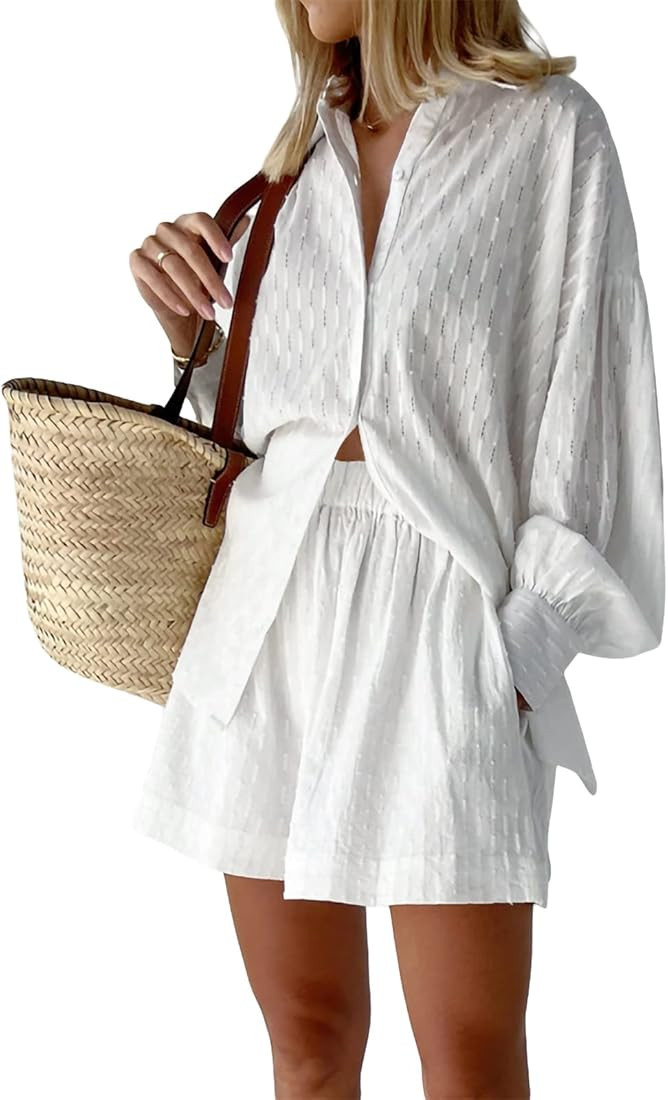 Geagodelia Linen Co Ord Sets for Women Summer Button Down Long Sleeve Shirt Blouse Top and Shorts... | Amazon (UK)