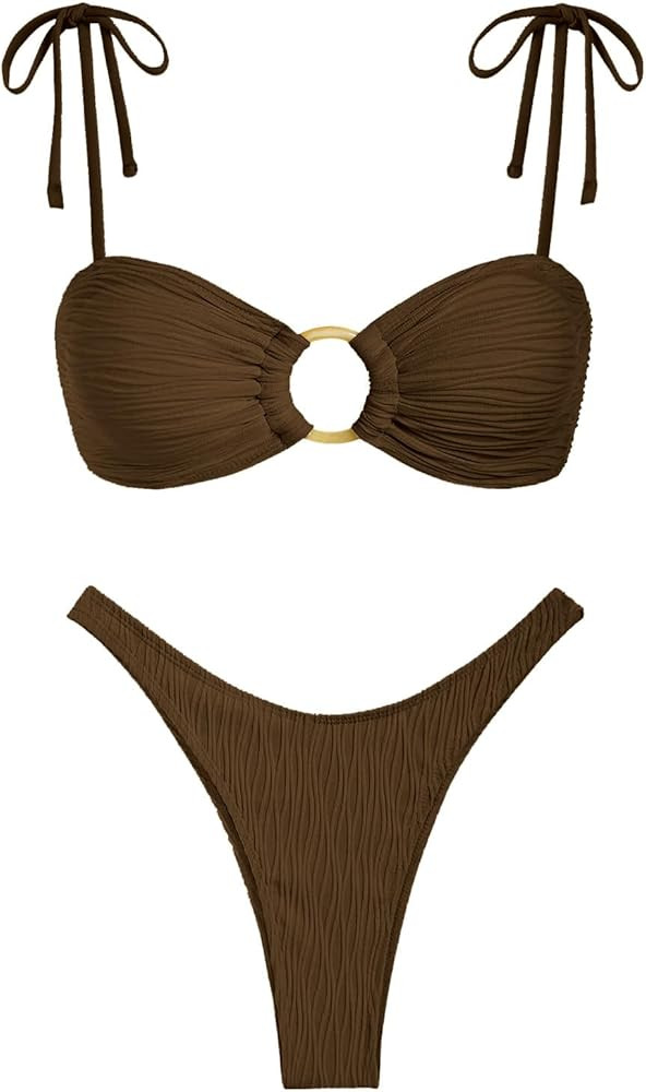 ZAFUL Women's Sexy Tie Spaghetti Strap Bikini Textured O Ring Ruched High Leg Swimsuit Cheeky Bat... | Amazon (US)
