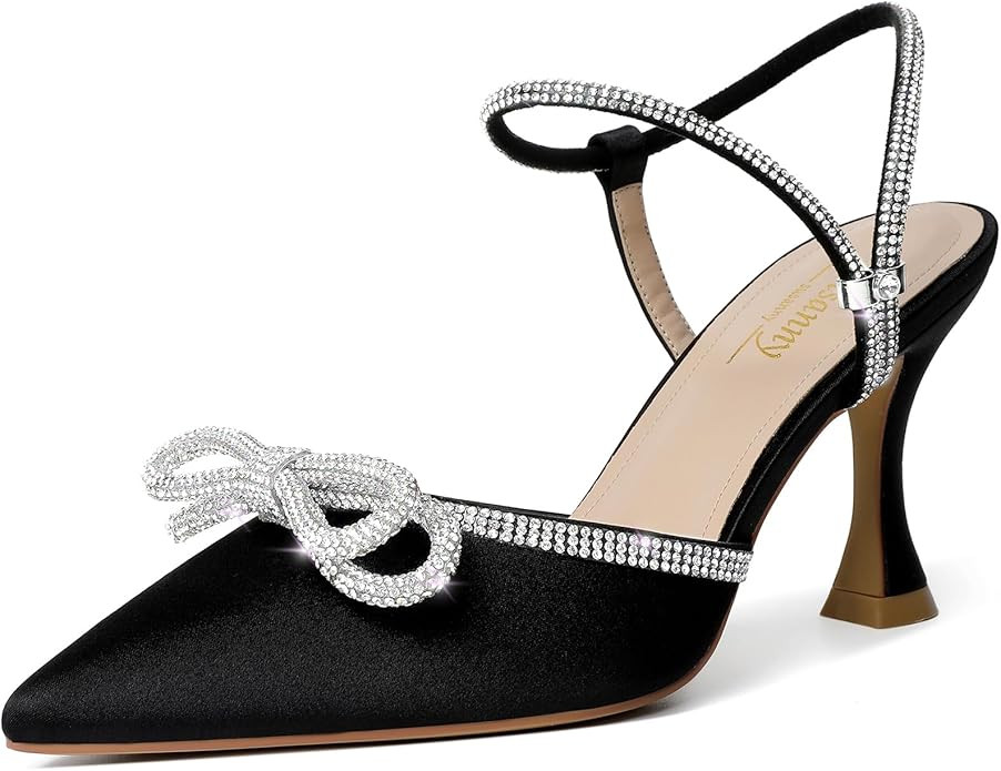 Susanny Women's Closed Toe Rhinstone Wedding Low Heel Slingback Clear Kitten Heels,Adjustable Str... | Amazon (US)