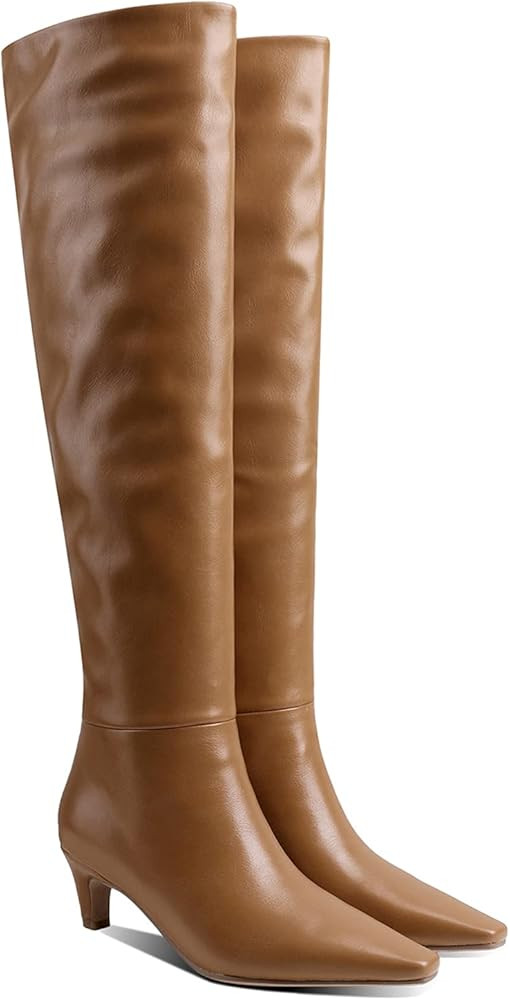 Women Kitten Heel Over Knee High Boots Square Toe Matte Leather Pull On Wide Calf Pleated Low Hee... | Amazon (US)