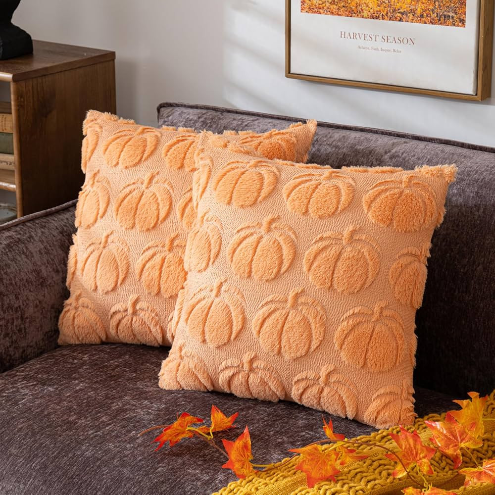 Pumpkin Fall Decorative Throw Pillow Covers 18"x18", Set of 2 Light Gold Soft Faux Fur Pillow Cov... | Amazon (US)